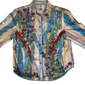 Sandy Starkman Shirt Medium VTG Art Teacher Beads Lace Embroidered  Button Down